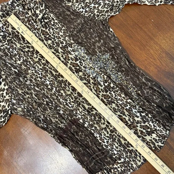 Multiples Women Leopard Print Button Up Shirt Size S Brown Sequin Pleated Blouse - Picture 9 of 9